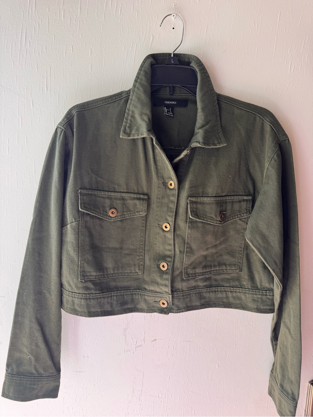 Forever 21 Olive Green Cropped Utility Jean Jacket